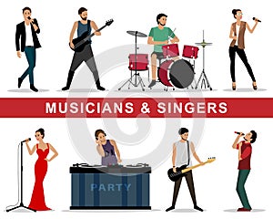 Vector set of musicians and singers: guitarists, drummers, singers, dj