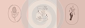 Vector set of mystical illustrations, female hands and magic flowers, minimal celestial and floral line art drawing,