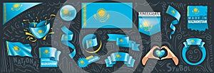 Vector set of the national flag of Kazakhstan in various creative designs