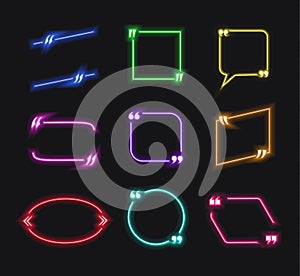 Vector Set of Neon Glowing Talk Bubbles, Quote Boxes Collection, Bright Colors.