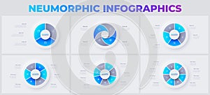 Vector set of neumorphism infographic cycle elements with 3, 4, 5, 6, 7 and 8 options, steps, parts or processes