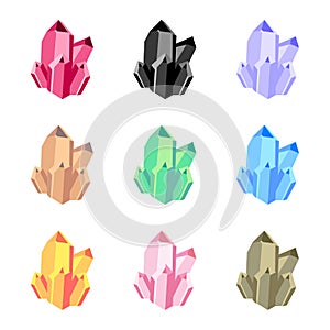 Vector set of nine bright mineral icons. Mineralogy collection. Glittering crystalline stone or gemstone crystals