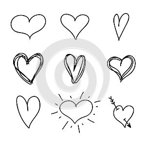 Vector Set of Nine Hand Drawn Hearts, Handdrawn Rough Marker Icons, Black Drawings Isolated.