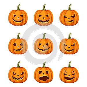 Set of jack-o`-lanterns Halloween pumpkins. Vector eps-10.