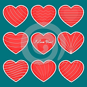 Vector set of nine red hearts stickers in white stroke with text about love and patterns isolated on a dark background
