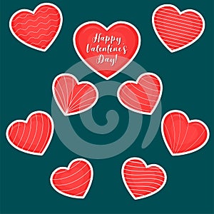 Vector set of nine red hearts stickers in white stroke with text about love and patterns isolated on a dark background