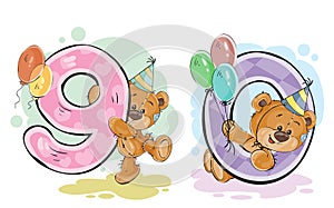 Vector set of numbers with a fun teddy bear