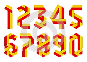 Vector set of numbers made of folded bicolor ribbons with hexagonal elements