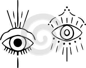 Vector set of occult sign third eye. Mystic symbol for bohemian design. Vector illustration on ethnic style. Buddhist