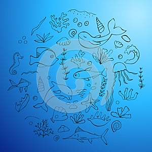 Vector set ocean day, marine life, coral reef, ocean in doodle style