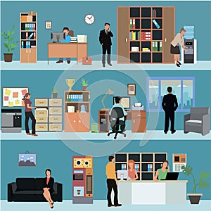 Vector set of office interior banners in flat style design. Business people and finance workers. Company reception room