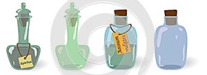 Vector set of old vintage potions bottles, viles with and without labels