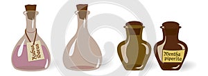 Vector set of old vintage potions bottles, viles with and without labels