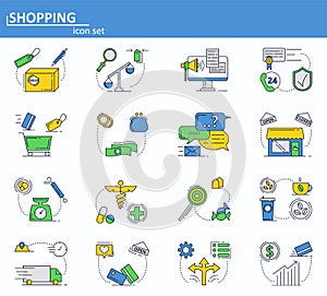 Vector set of online shopping, delivery and internet store support service icons in thin line style. Website UI and