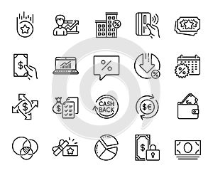 Vector set of Online statistics, Pie chart and Receive money line icons set. Vector