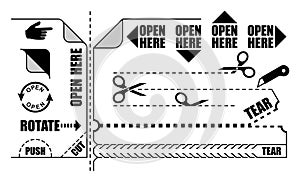 Vector set of Open here label, Tear stripe, Push sign, Cut line, Rotate arrow, Corner sticker for product package