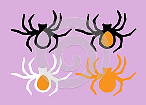 A vector set of orange-colored spiders with a black outline is drawn in the style of doodles. collection top view of a spider,