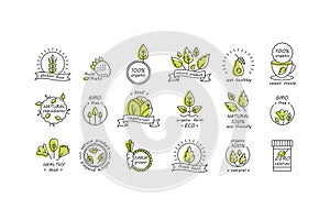 Vector set of organic products labels and badges - collection of different icons and illustrations related to fresh and