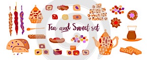 Vector set of oriental sweets and arabic tea party. Desing for a card or poster for a holiday invitation. Kettle, tea