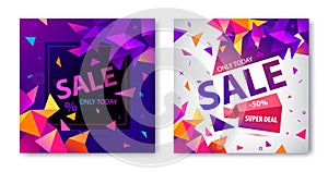 Vector set of origami geometric sale banners, cards, square posters. Facet 3d trendy