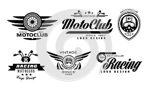 Vector set of original emblems for moto racing club. Vintage logos with wheels, helmets and motorcycle handlebars