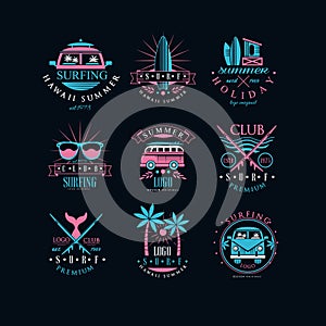 Vector set of original emblems for surfing club. Vintage logos with surfboards, palm trees, vans and sunglasses. Summer