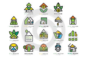 Vector set of original logos with eco friendly houses. Ecological construction. Linear emblems for or architectural