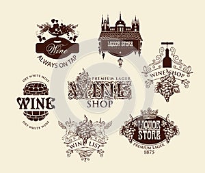 Vector set of ornate wine logos in vintage style