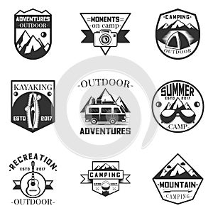 Vector set of outdoor activity, camping and expedition labels in vintage style. Design elements, icons, logo. Camp