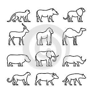 Vector set outline African animals.