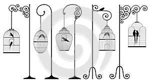 Vector set of outline, antique, bird cages with stands and domestic birds