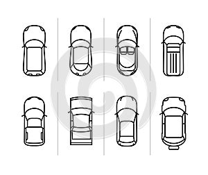 Vector set outline cars top view. Vector car icons