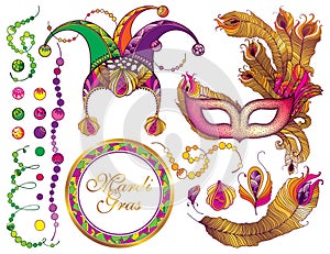 Vector set with outline clown or harlequin cap, Venetian mask, golden peacock feather and ornate colorful beads isolated on white.