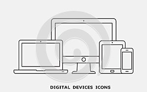 Vector set of outline device icons. Monitor, laptop, tablet pc and smartphone