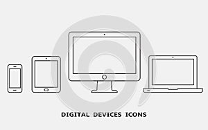 Vector set of outline device icons. Monitor, laptop, tablet pc and smartphone