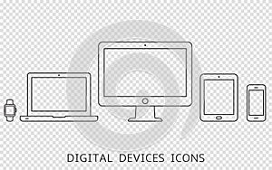 Vector set of outline device icons. Monitor, laptop, tablet pc and smartphone isolated on transparent background