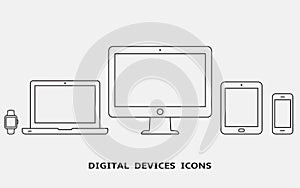 Vector set of outline device icons. Monitor, laptop, tablet pc, smartphone and smart watch