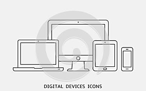 Vector set of outline device icons. Monitor, laptop, tablet pc and smartphone