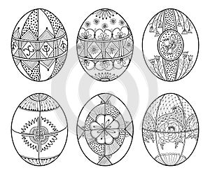 Vector set of outline ethnic Ukrainian Easter egg Pysanka in black isolated on white background. Traditional Christian food.