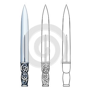 Vector set of outline Scottish long double sharp dagger or dirk in black isolated on white background.