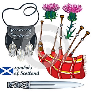 Vector set of outline Scottish symbols: long silver dagger or dirk, red bagpipe, black sporran and pink thistle flower isolated.