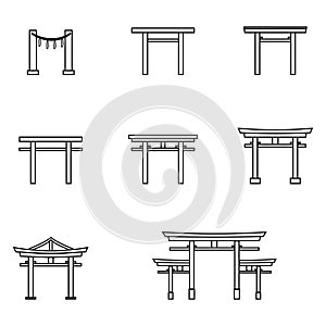 Vector Set of Outline Torii Gate Icons. Symbol of Shintoism