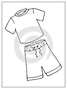 Vector set with outlines of white basic simple T-shirt and Bermuda Shorts. For web, logo, icon, app, UI. Cartoon style