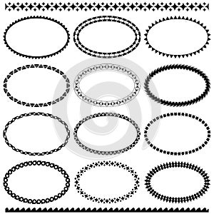 Vector set of oval frames and two seamless black brushes