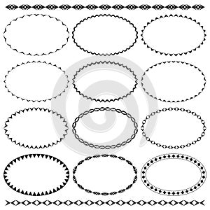 Vector set of oval narrow frames and two seamless black brushes