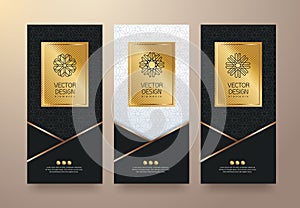 Vector set packaging templates black golden labels and frames for luxury products in trendy linear style.