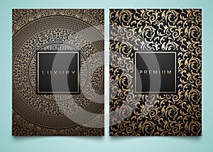 Vector set packaging templates with different golden floral damask texture for luxury product. Trendy design for logo.