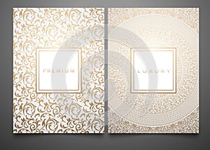 Vector set packaging templates with different golden floral damask texture for luxury product. White background and frame