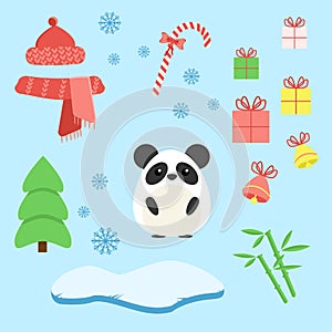 Vektor sada skladajúca sa z vianoce zamestnanci lízatko darčeky strom ľadovec klobúk a šatka bambus a zvony 