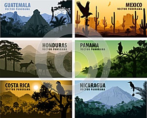 Vector set of panorams countries Central America - Guatemala, Mexico, Honduras, Nicaragua, Panama, Costa Rica